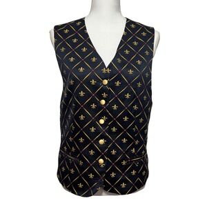 Lizsport Vintage Fleur-de-lis Waistcoat Vest L Navy Blue Gold Excellent Cotton